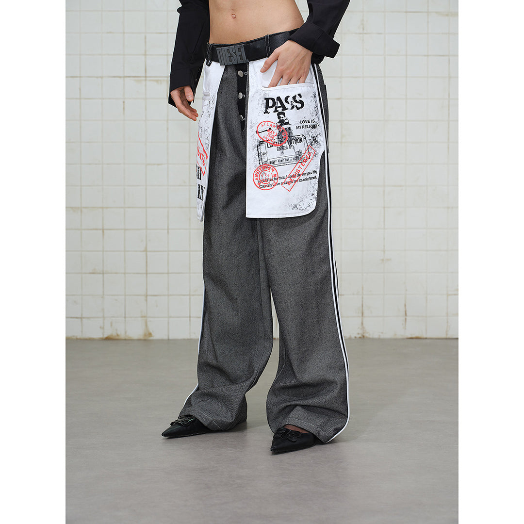 Women's Wide-Leg Cargo Jeans with Applied Graphic Patches and Contrast Stripes Mune Fashion