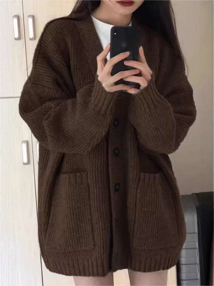 Women Oversized Knit Cardigan with Patch Pockets and Continuous Button Placket Mune Fashion