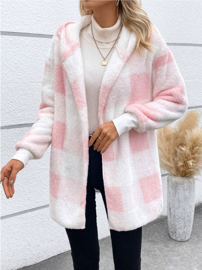 Women's checked teddy coat with large lapel collar and ribbed cuffs Mune Fashion