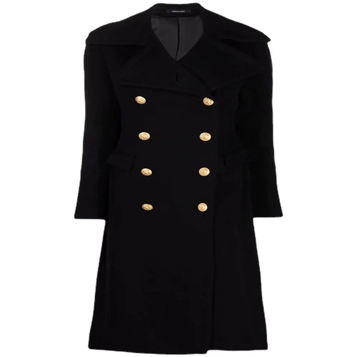 Women Tailored Double-Breasted Coat in Marine Style with Golden Decorative Buttons and Flap Pockets Mune Fashion