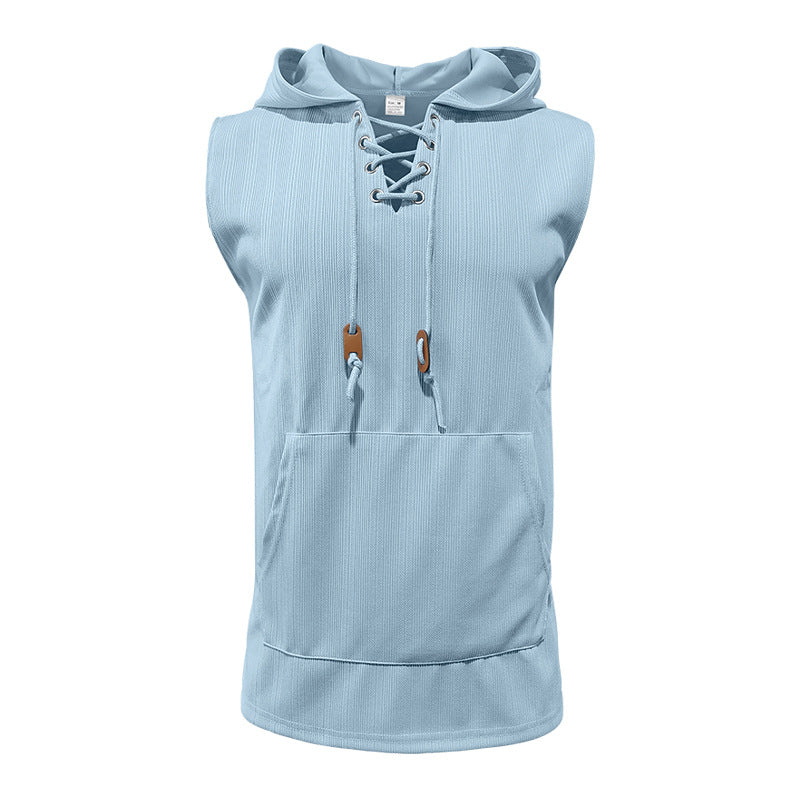Men sleeveless hoodie sweatshirt with laced collar and kangaroo pocket Mune Fashion