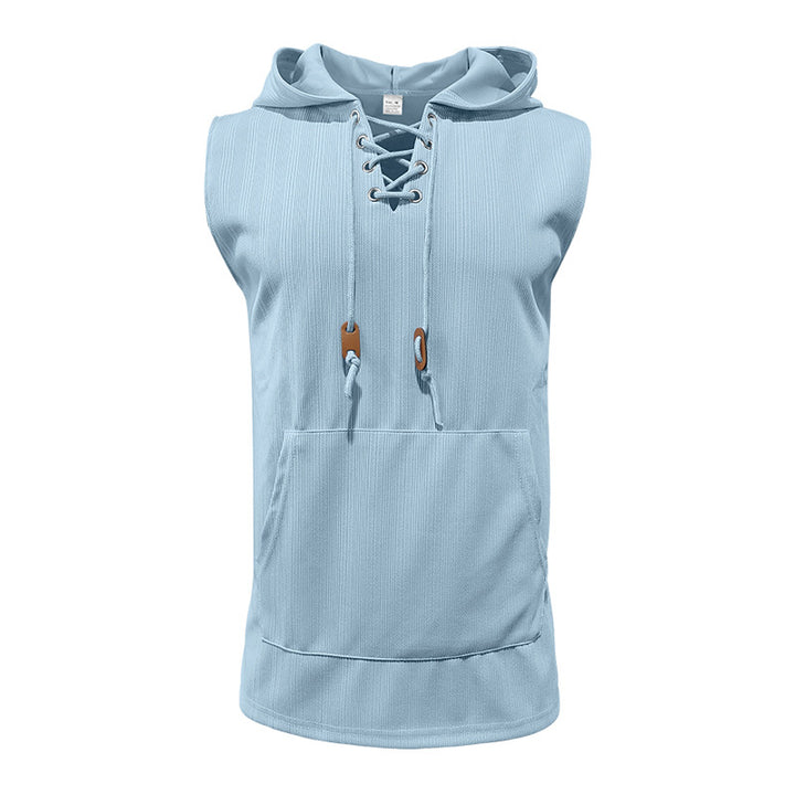 Men sleeveless hoodie sweatshirt with laced collar and kangaroo pocket Mune Fashion