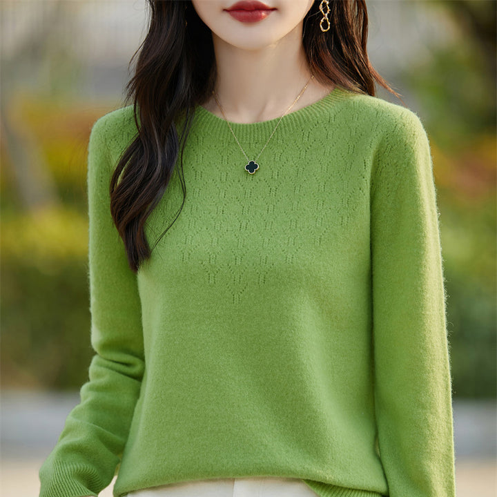Women's Soft Round Neck Sweater in Cashmere Look with Fine Openwork Pattern and Snug Fit Mune Fashion