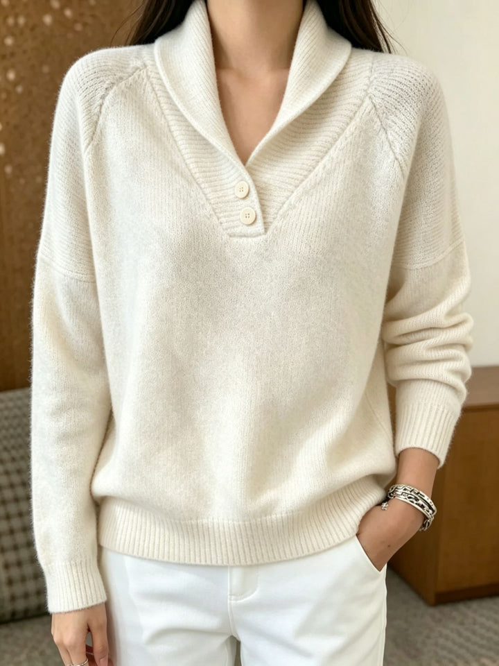 Women's Soft Shawl Collar Sweater with Half Button Placket and Raglan Sleeves Mune Fashion