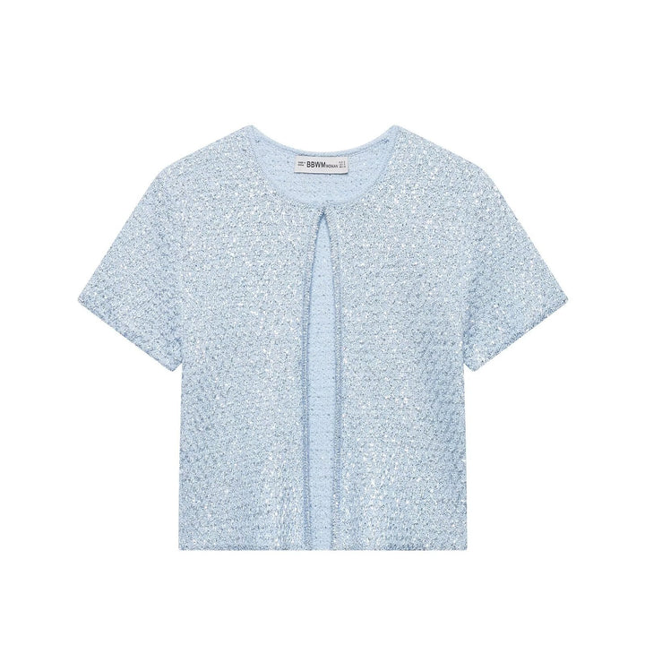 Women's Short-Sleeved Boucle Cardigan with Open Front Slit Drune