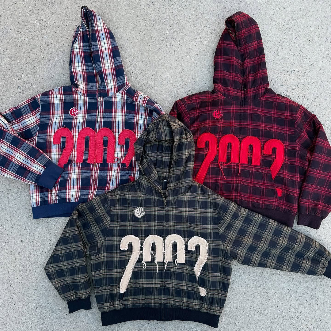Unisex nan checkered hoodie with frayed year application and ribbed cuffs Mune Fashion