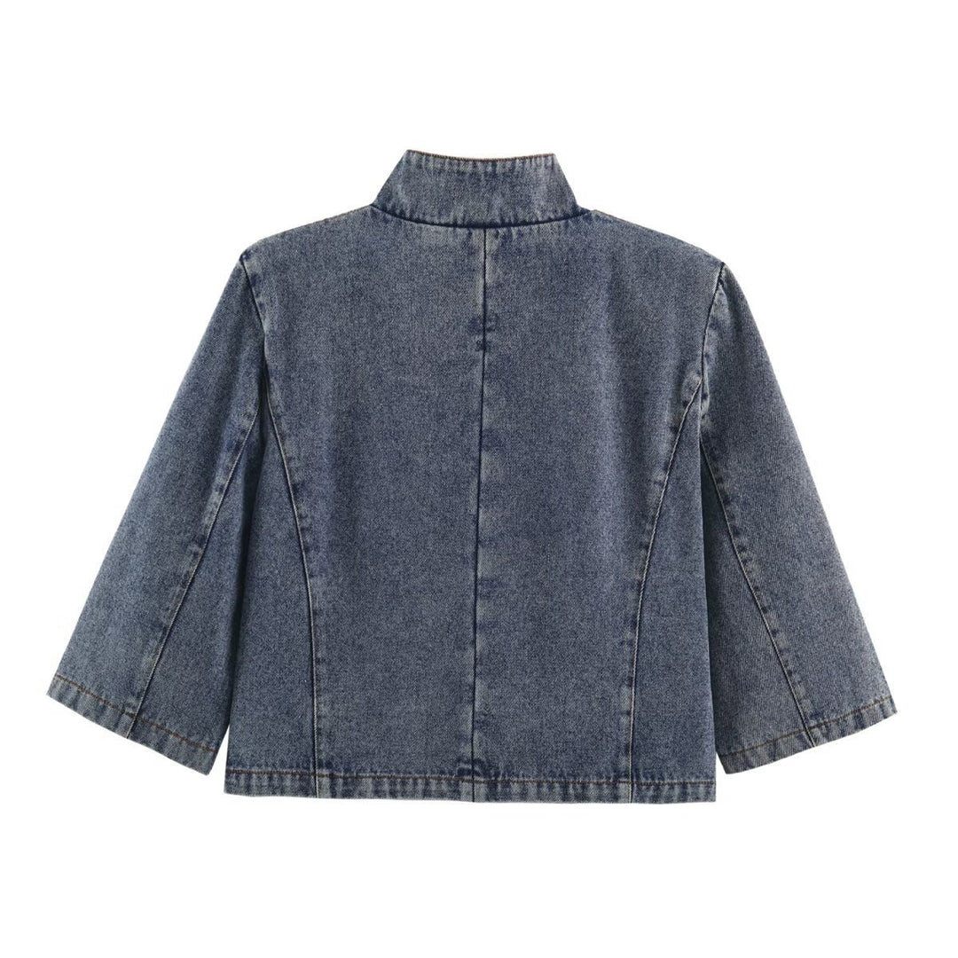 Women's Cropped Jeans Jacket in Boxy Cut with Stand-Up Collar and Three-Quarter Sleeves Mune Fashion