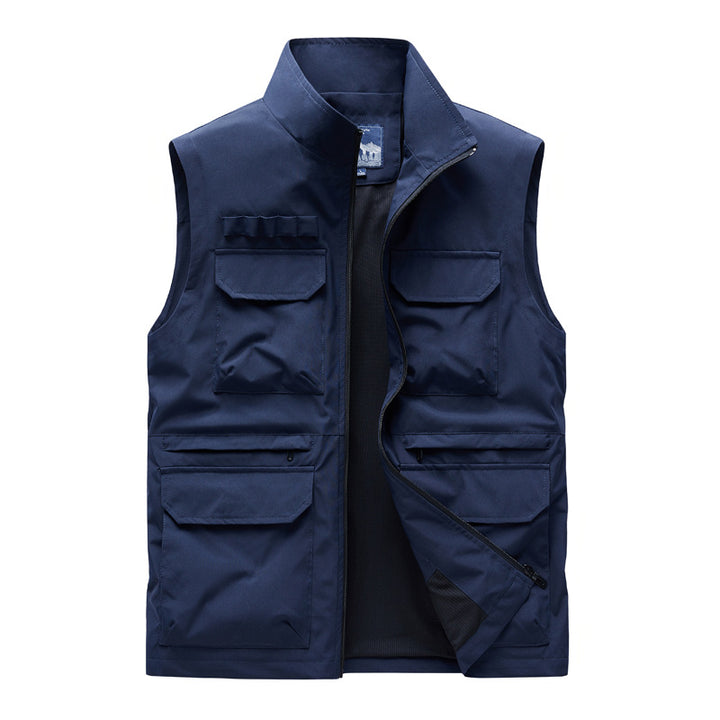 Men's Outdoor Utility Vest with eight multifunctional pockets, durable cotton blend, and wind protection collar Mune Fashion