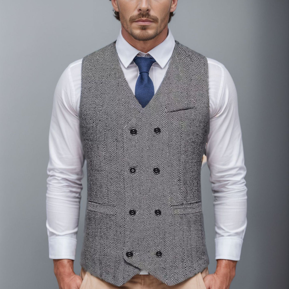 Men's Double-Breasted Herringbone Vest with Suit Look and V-Neck Mune Fashion