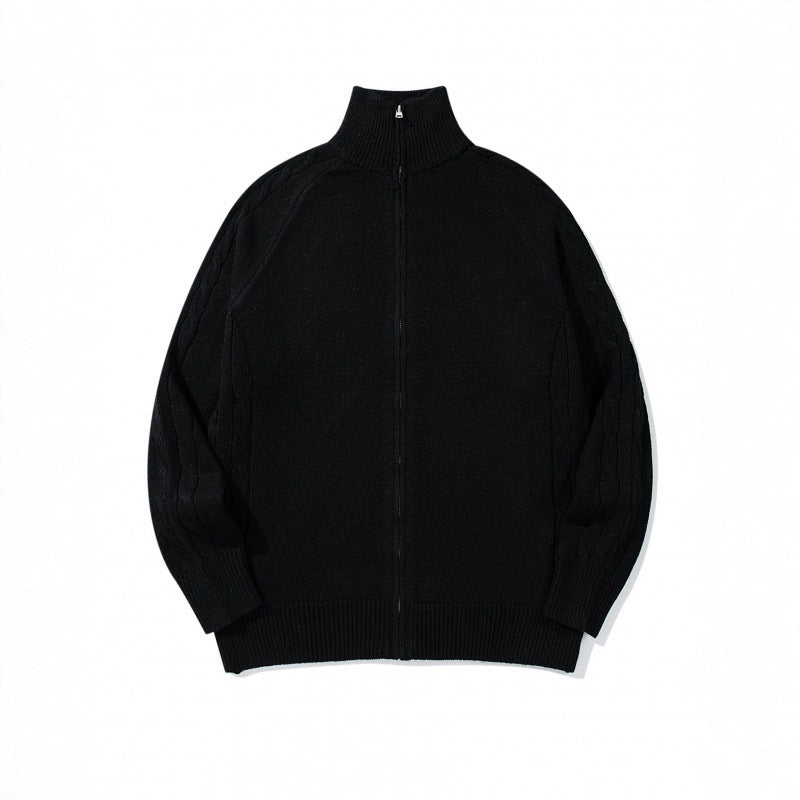 Unisex Boxy Zip Cardigan with Stand-up Collar, Cable Knit Sleeves and Ribbed Hems Mune Fashion