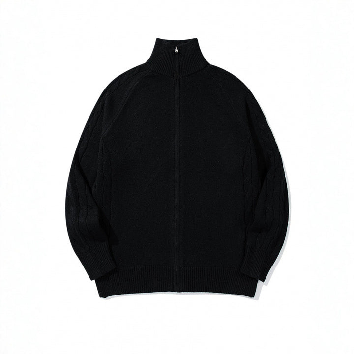 Unisex Boxy Zip Cardigan with Stand-up Collar, Cable Knit Sleeves and Ribbed Hems Mune Fashion