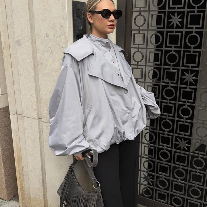 Women's Oversized Short Jacket with Wide Volume Sleeves and Drawcord Hem Mune Fashion