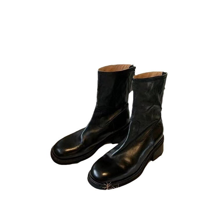Women Mid-Calf Stretch Leather Boots with Round Toe and Profiled Platform Sole Mune Fashion
