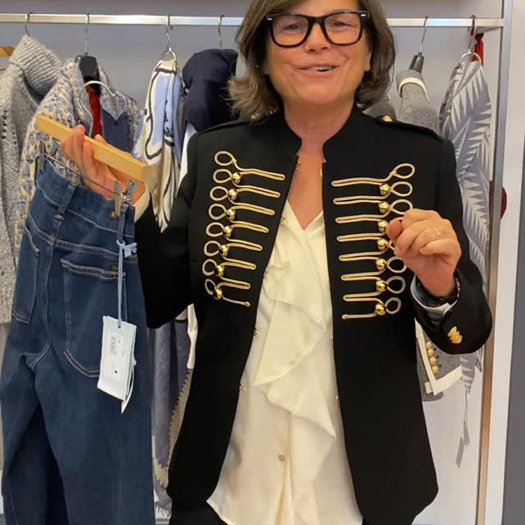 Ladies military short blazer with gold cord trim and decorative closures Mune Fashion