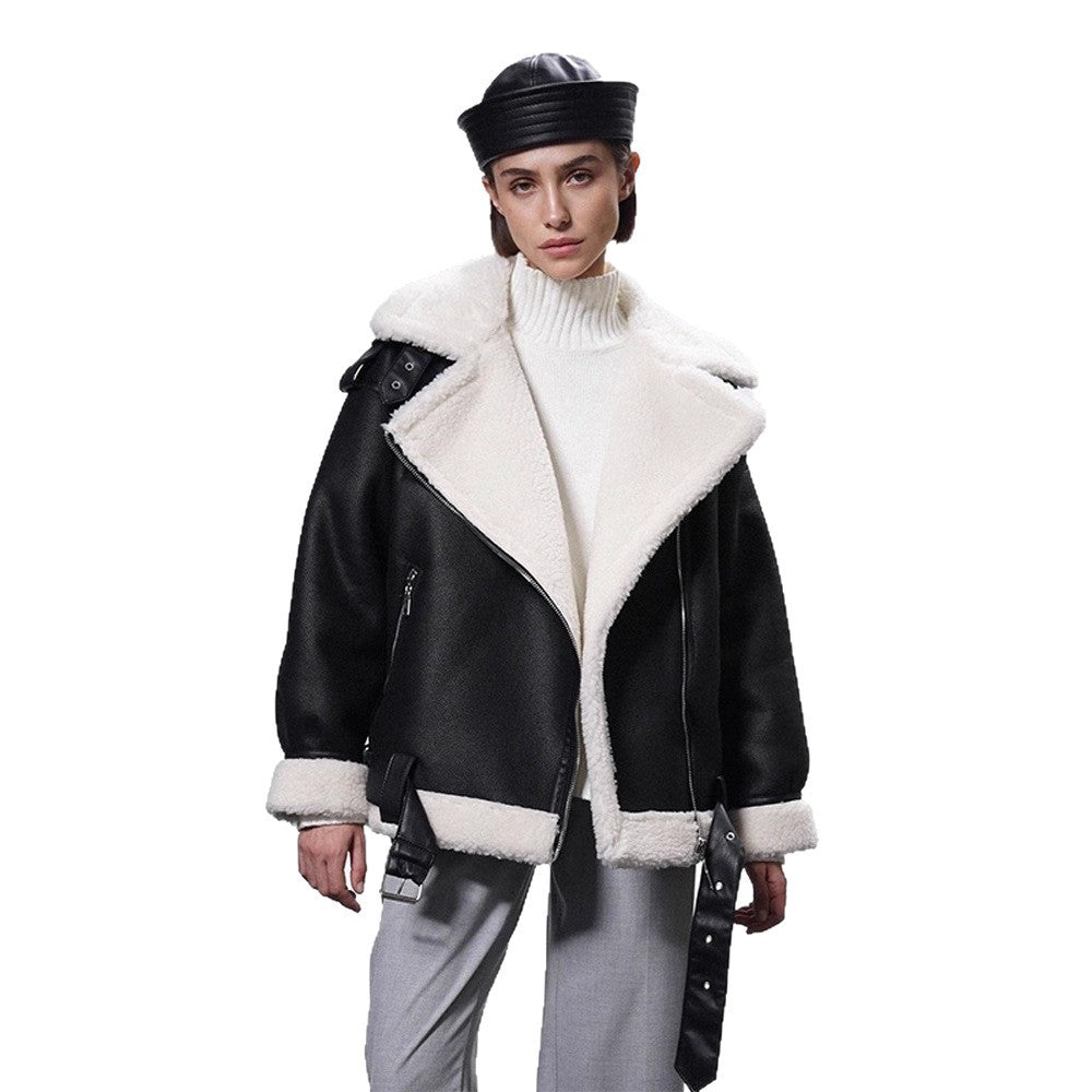 Women's Oversized Biker Jacket with Teddy Fur Lining and Adjustable Belts Mune Fashion