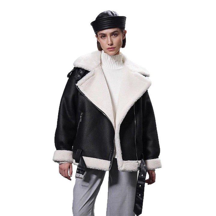 Women's Oversized Biker Jacket with Teddy Fur Lining and Adjustable Belts Mune Fashion