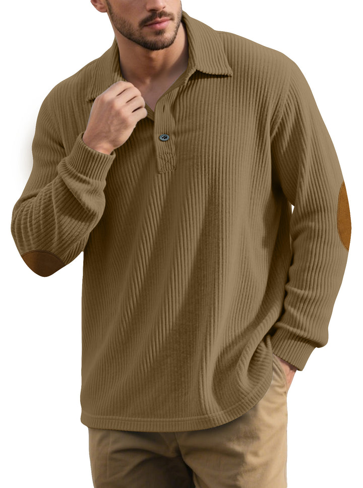 Men's ribbed casual polo with kent collar, short button placket and velour elbow patches Mune Fashion
