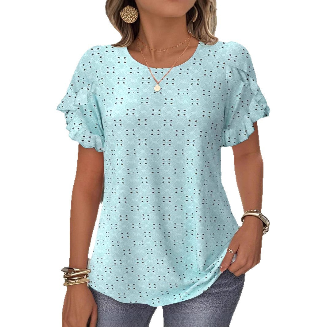 Women's Broderie Anglaise Blouse with Double Ruffle Sleeves and Casual Hip Length Mune Fashion
