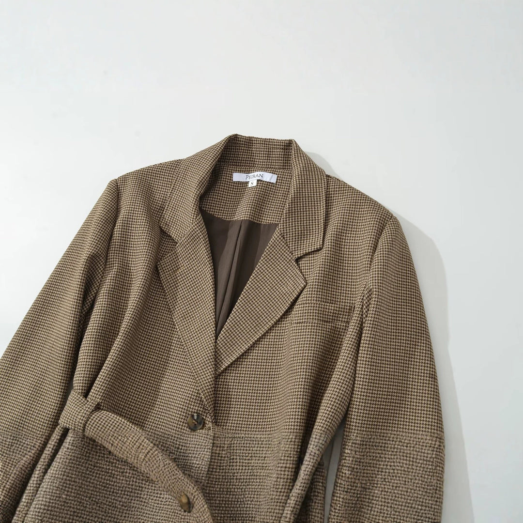 Women's Short Blazer with Tailoring Tie Belt and Houndstooth Pattern Mune Fashion