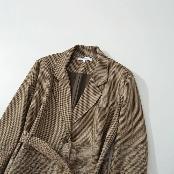 Women's Short Blazer with Tailoring Tie Belt and Houndstooth Pattern Mune Fashion