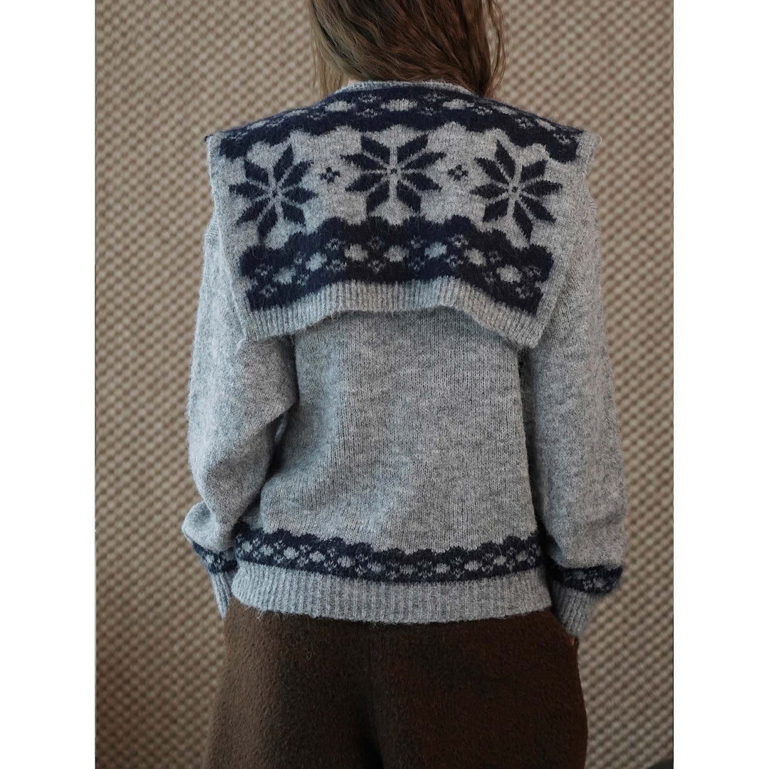 Women's Cozy Fine Knit Pullover with Integrated Shoulder Scarf and Jacquard Hem Mune Fashion