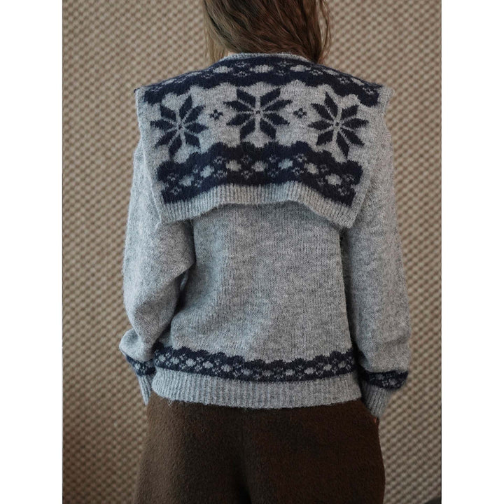 Women's Cozy Fine Knit Pullover with Integrated Shoulder Scarf and Jacquard Hem Mune Fashion