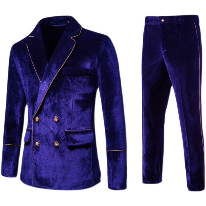 Men's double-breasted velvet suit set with gold piping and slim suit trousers Mune Fashion