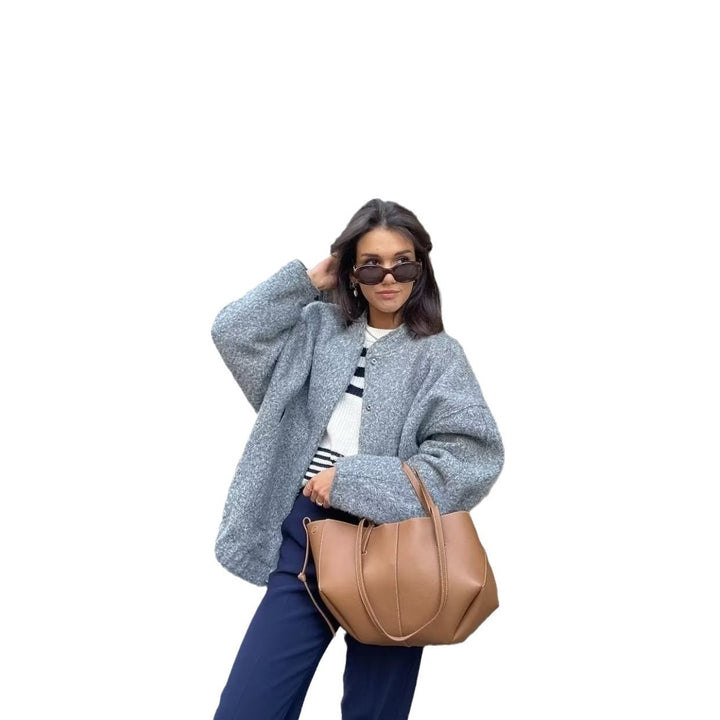 Women’s nan boxy wool blend blouson with stand-up collar, concealed front placket, side pockets and elastic hem Mune Fashion