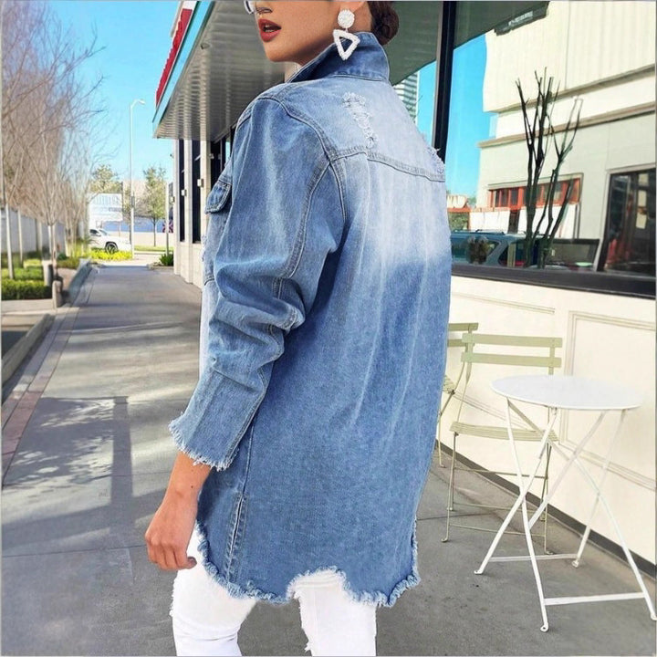 Women's Oversized Denim Jacket with Destroyed Details, Longer Cut and Frayed Hem Mune Fashion