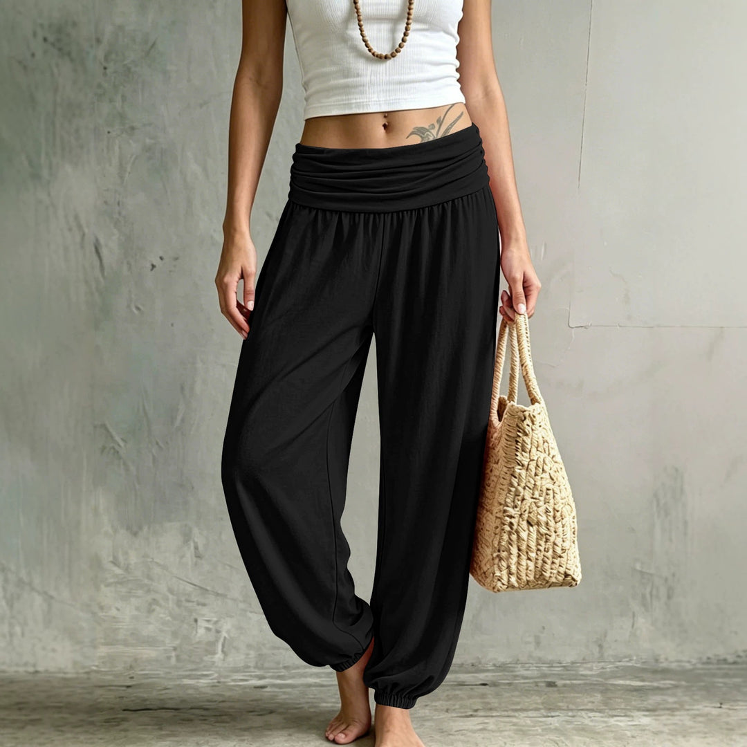 Women's Palazzo-Harem Pants with Gathered Wraparound Waist and Elastic Cuffs Mune Fashion