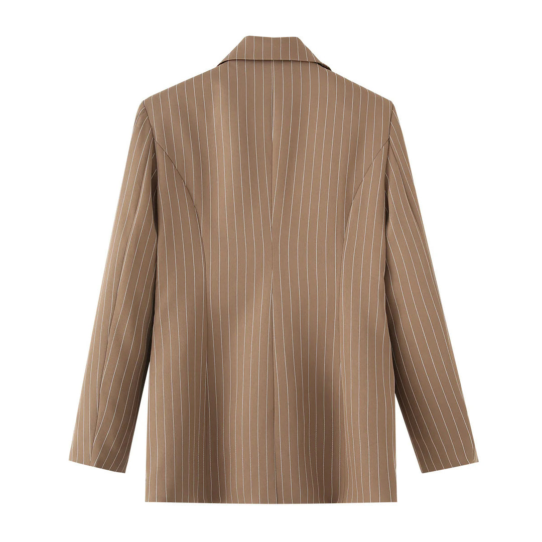 Women's striped oversized blazer with asymmetrical shawl collar overlay and flap pockets Mune Fashion