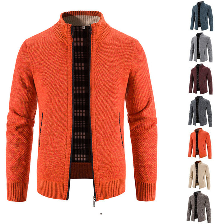 Men's knitted cardigan with full zip, stand-up collar and checkered lining Mune Fashion