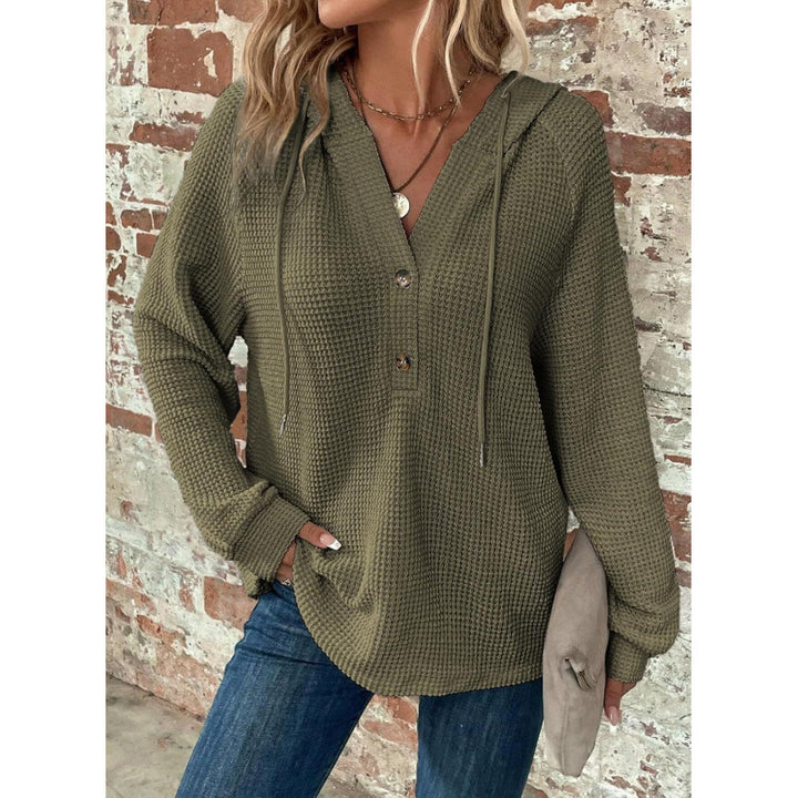 Women Waffle Knit Hoodie with Henley Button Placket and Oversized Cut Mune Fashion