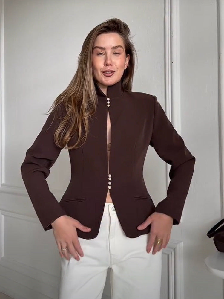 Women's Tailored Blazer with Stand Collar and Pearl Button Placket Mune Fashion