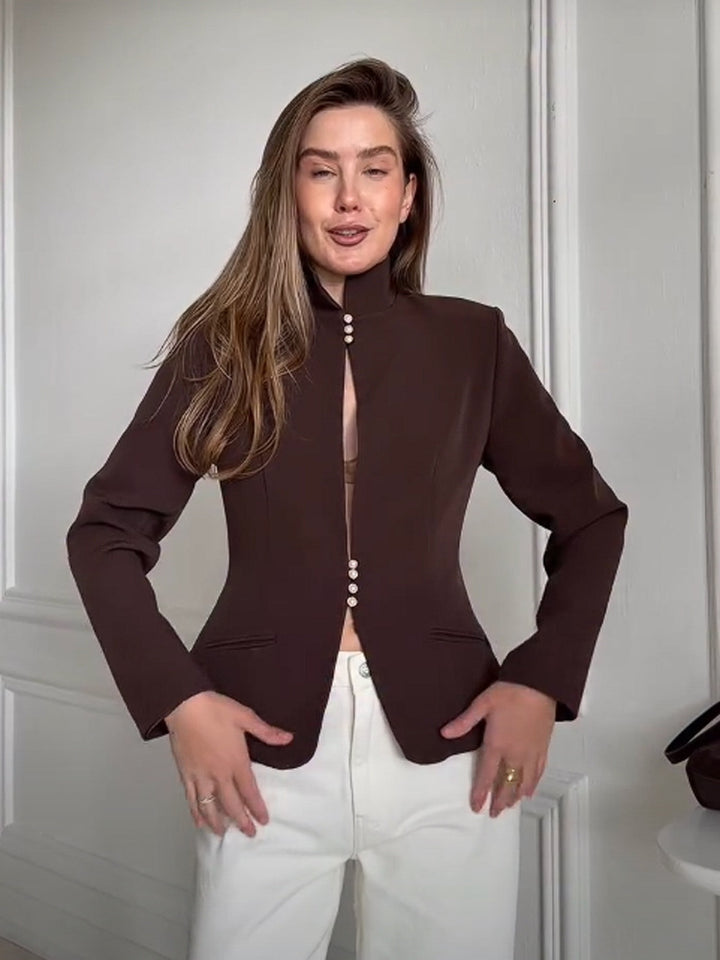 Women's Tailored Blazer with Stand Collar and Pearl Button Placket Mune Fashion