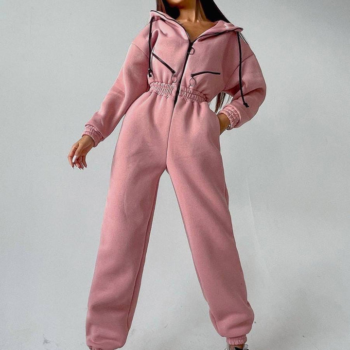 Women's tailored hooded jumpsuit with elastic waistband and striking contrast zippers Mune Fashion