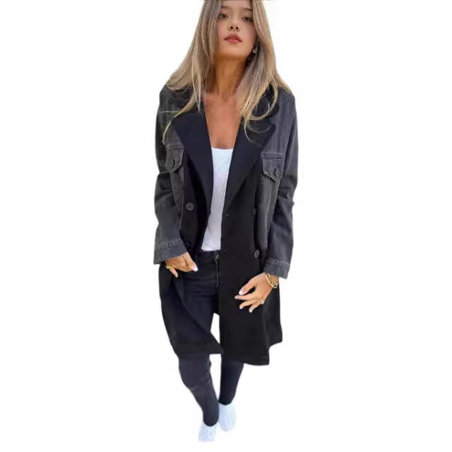 Women's Oversize Jeans Blazer with Contrasting Suede Insert and Double Button Placket Mune Fashion