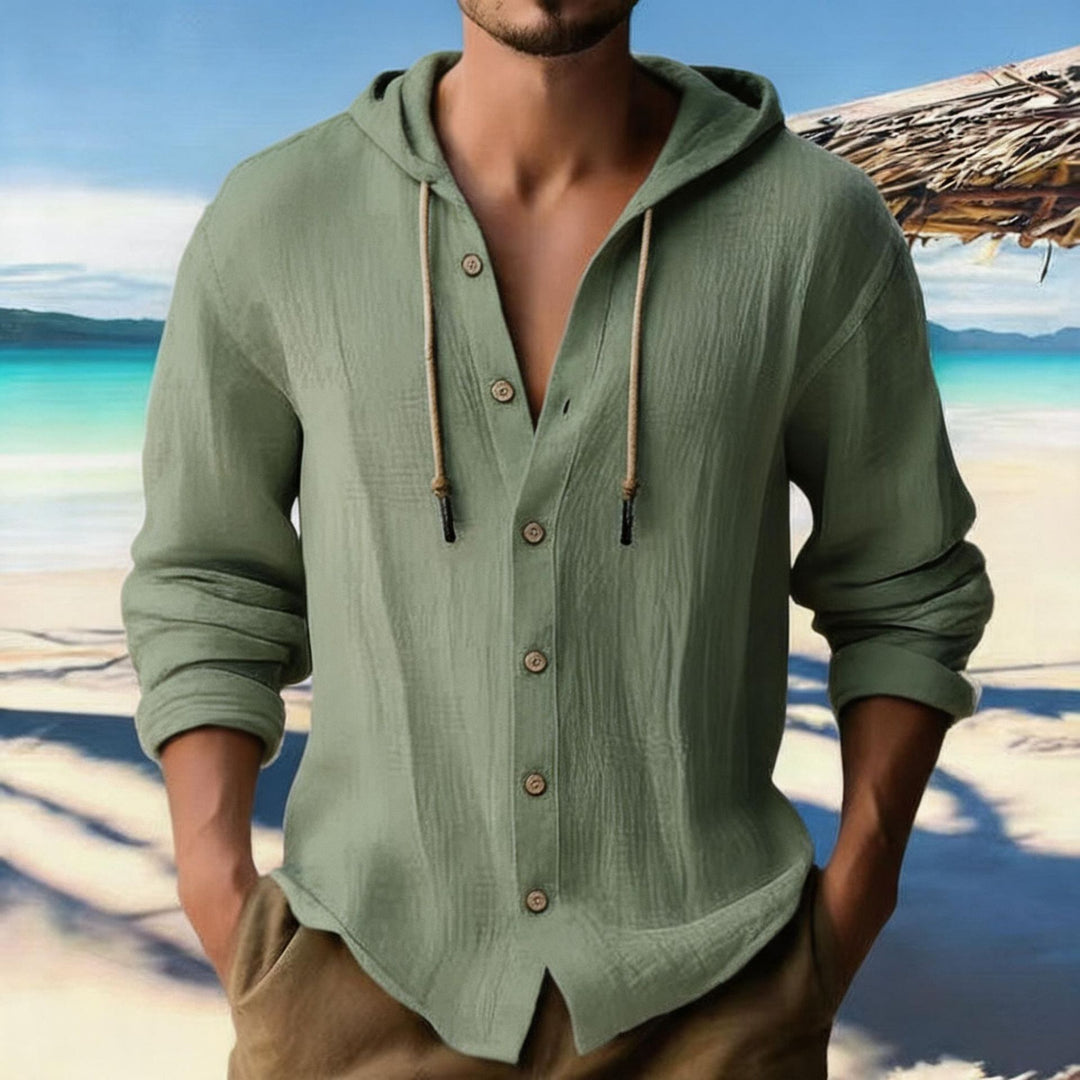 Men's lightweight hoodie shirt in linen look with full button placket Mune Fashion