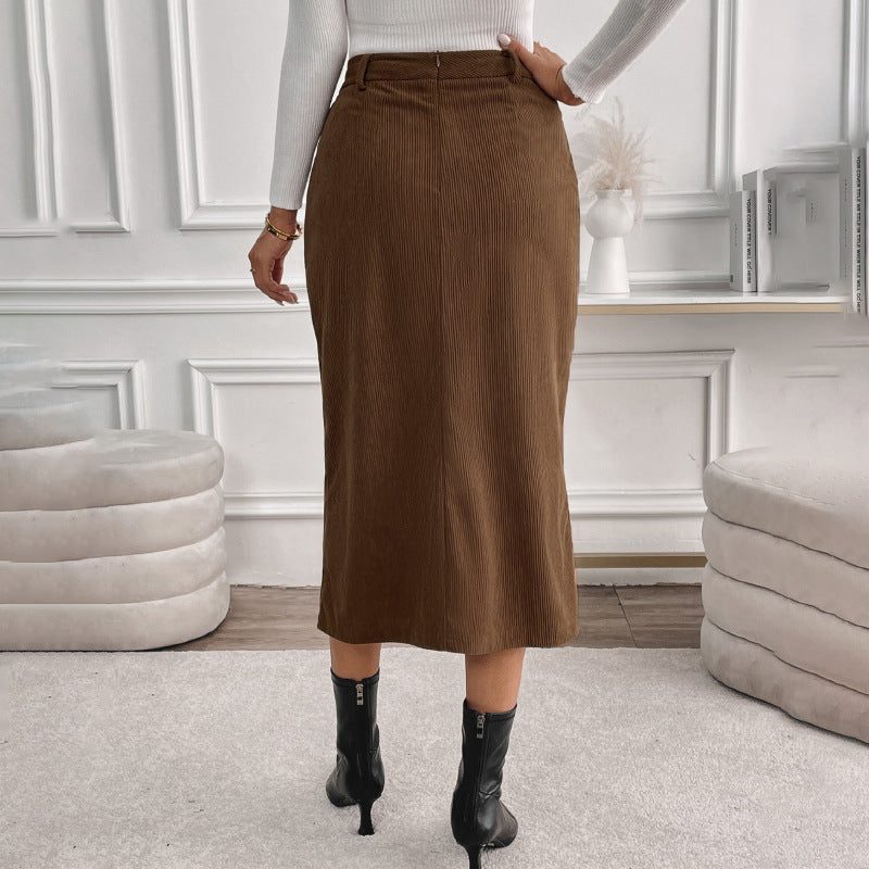 Women's Cord Midi Skirt with High Waist, Side Pockets, and Center Slit Mune Fashion