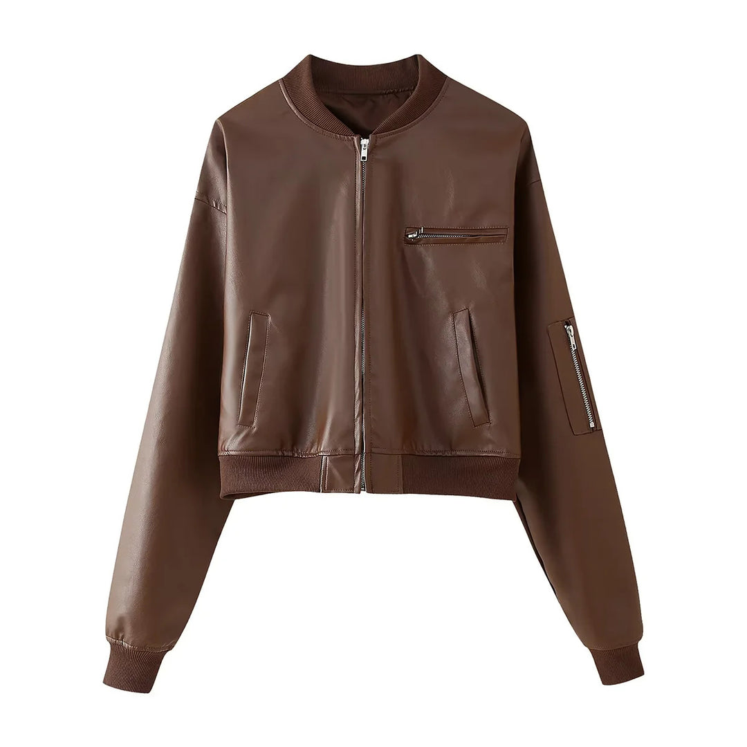 Women's fitted short faux leather bomber jacket with sleeve zipper and ribbed cuffs Mune Fashion