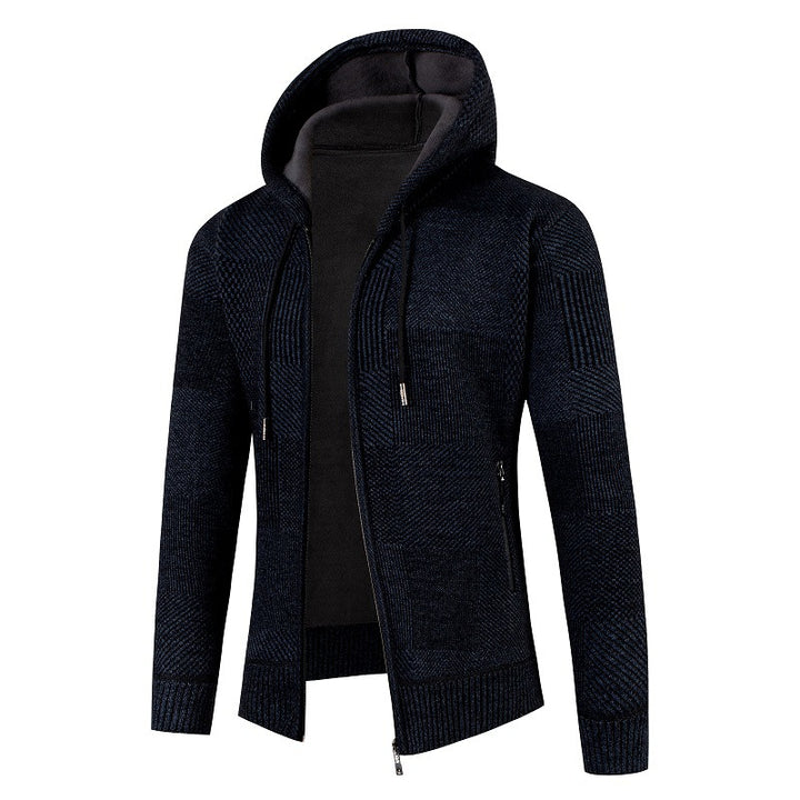 Men's Knit Hoodie Jacket with Full Zipper, Lined Hood and Structured Patchwork Look Mune Fashion