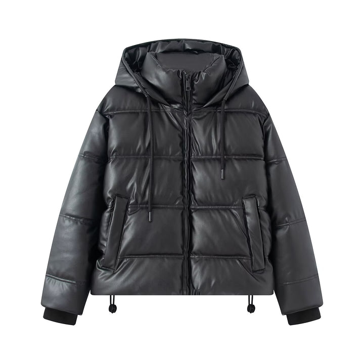 Women's Short Quilted Faux Leather Puffer Jacket with Hood, Drawstring and Side Pockets Mune Fashion