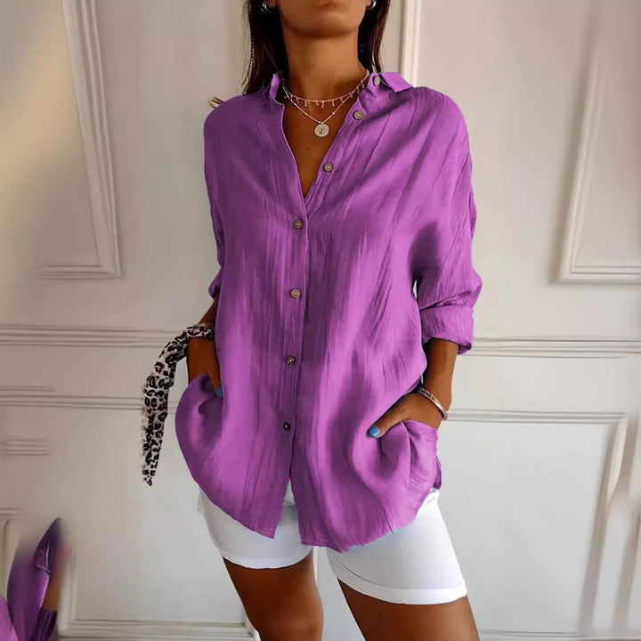 Women's Loose Crinkle Shirt with Pockets and Rolled-Up Sleeves Mune Fashion