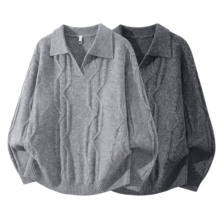Women Oversize Mohair-Optic Cable Knit Sweater with Polo Collar and V-Neck Mune Fashion