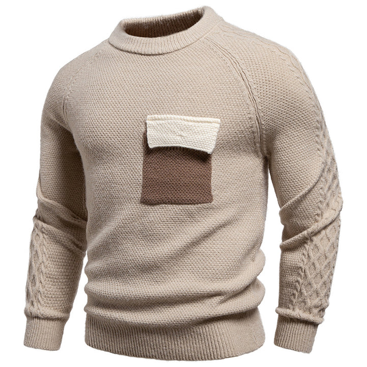 Men's pullover made of textured knit with round neck, attached chest pocket and cable pattern sleeves Mune Fashion
