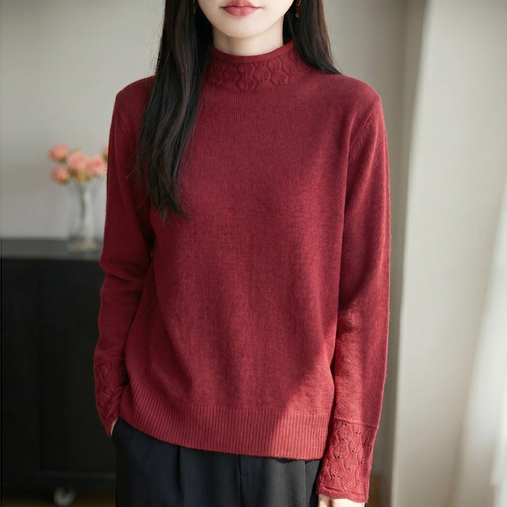 Women's Mockneck Fine Knit Sweater with Openwork Detail at Collar and Cuffs Mune Fashion