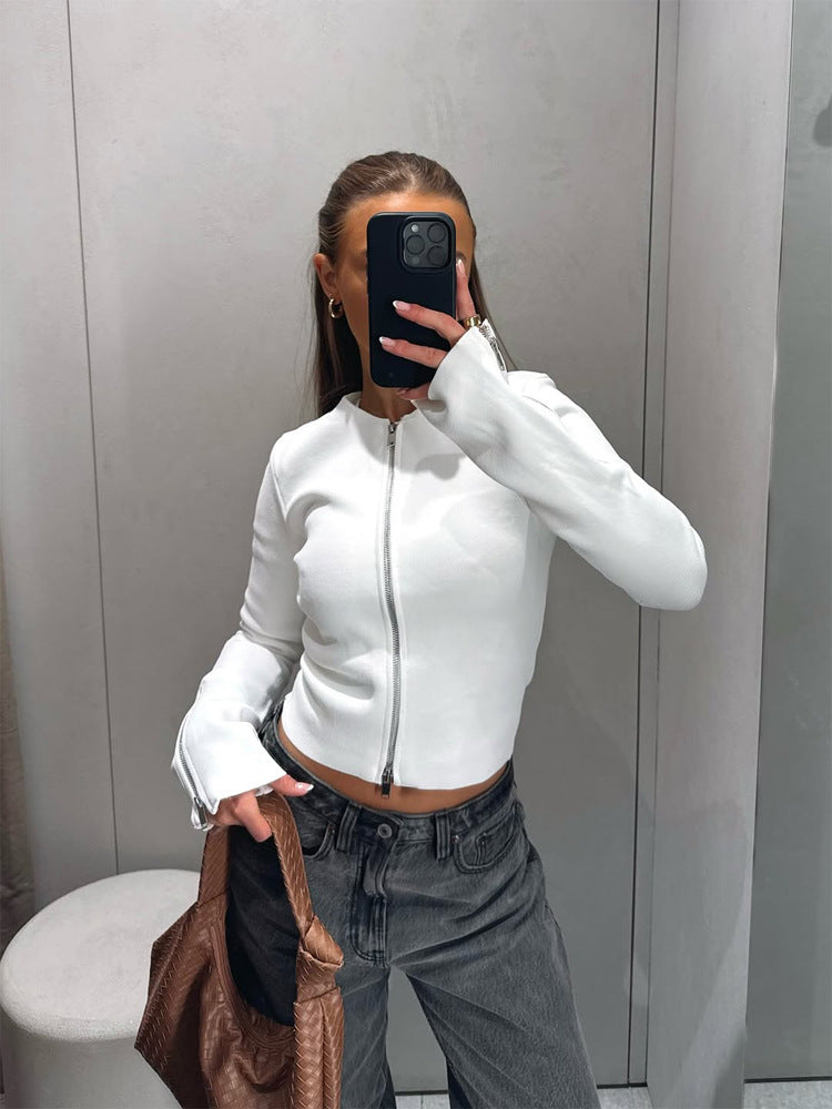 Ladies Tailored Cropped Cardigan with Full Metal Zipper and Extended Cuff Zippers Mune Fashion
