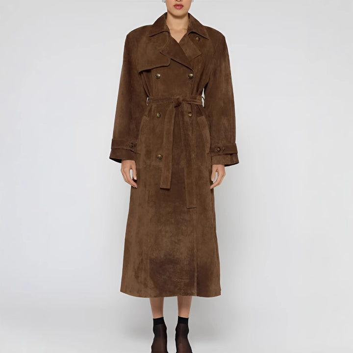 Women's long velour leather trench coat with tie belt, double-breasted button placket and sleeve straps Mune Fashion