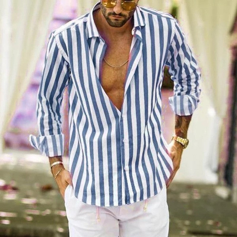 Men's slim fit long sleeve shirt with Kent collar and vertical stripe pattern Mune Fashion