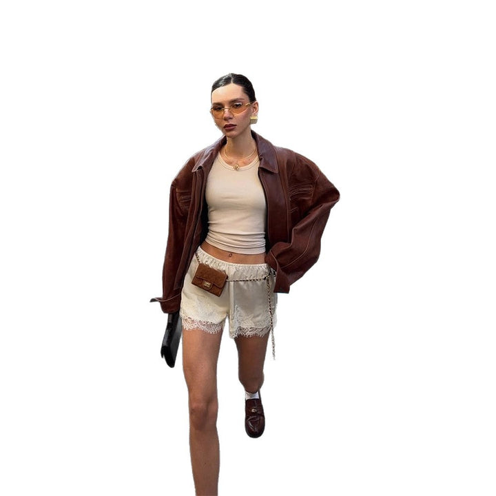 Women's Oversized Faux Leather Jacket in Biker Style with Shirt Collar and Zipper Mune Fashion